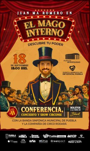 Rueda de prensa de presentación del espectáculo “El Mago Interno” en Puebla 2025, a beneficio del CEPOSAMI del DIF Estatal.