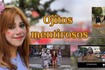 Jóvenes con maquillaje de payaso del trend Ojitos mentirosos en una calle céntrica de Puebla.