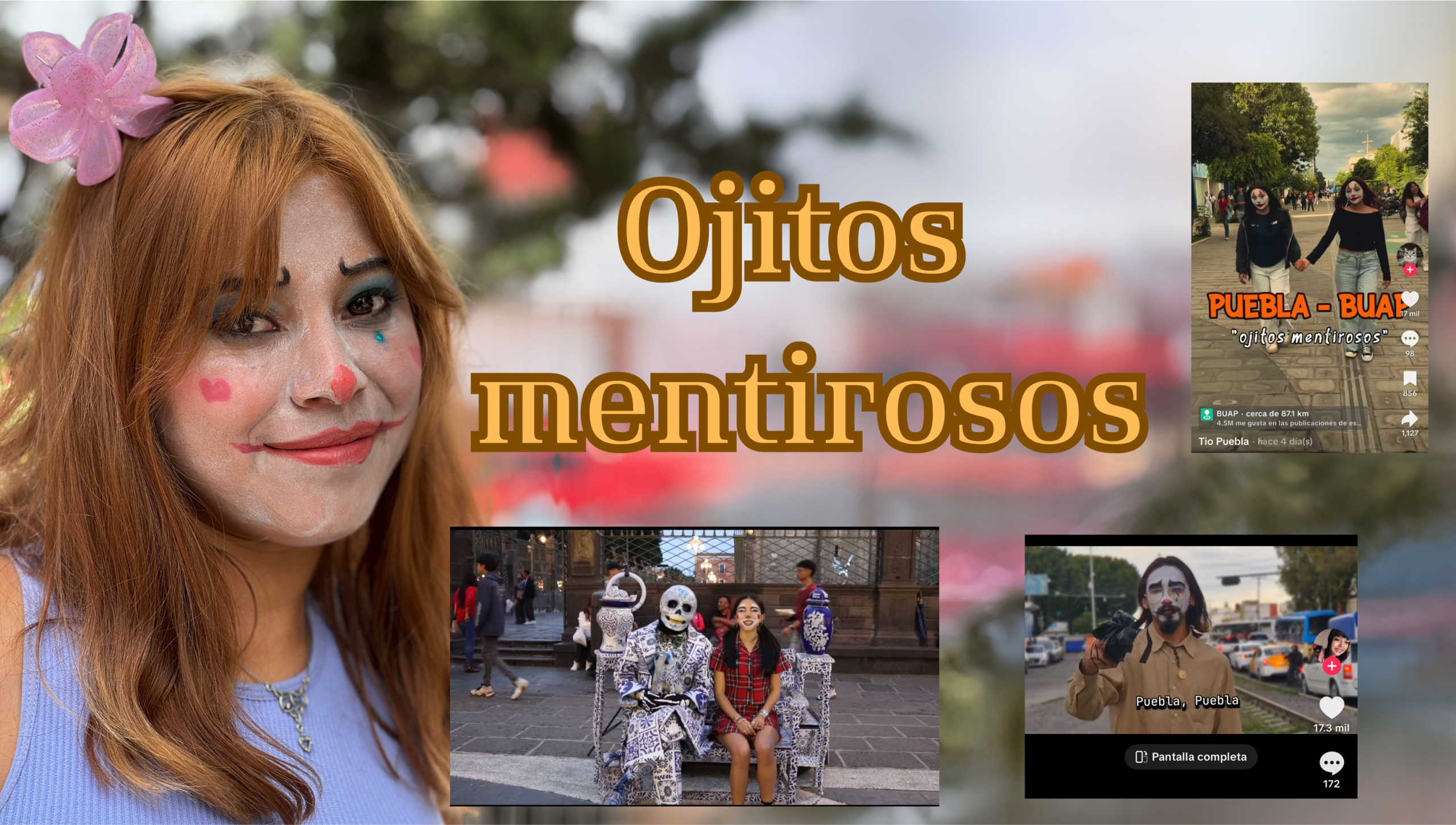 Jóvenes con maquillaje de payaso del trend Ojitos mentirosos en una calle céntrica de Puebla.